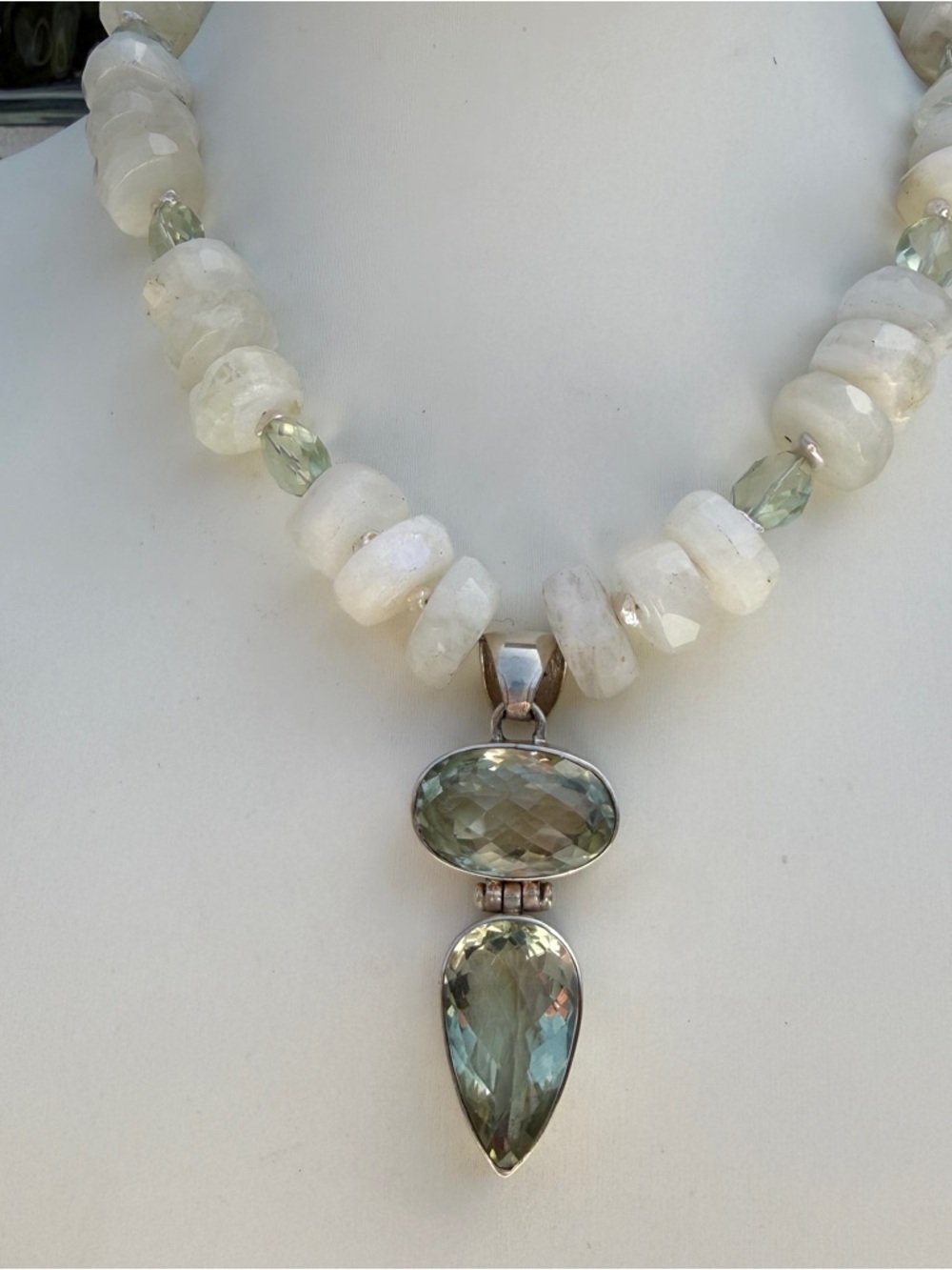 Green Amethyst Pendant Necklace. Sterling Silver Moonstone Amethyst Pearl.
